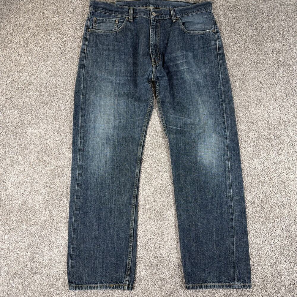 Levis 505 Jeans Men 38x32 Dark Rinse Wash Whiskered Distressed Straight Leg